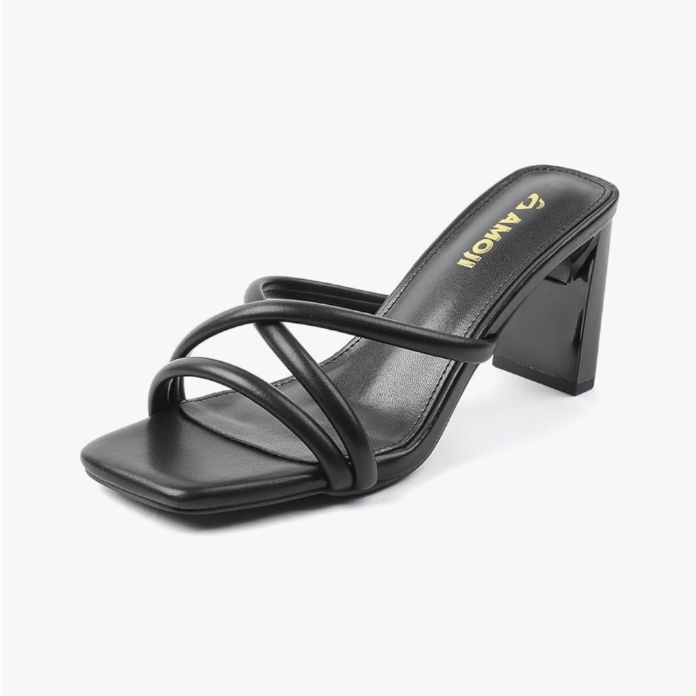 Black Slip On Heels Lady Heeled Sandal Women 3 Inch NEW
